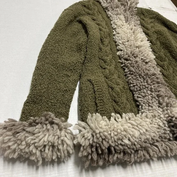 Mitmak Jacket Womens L Green Wool Cable‎ Knit Faux Fur Trim Hooded Indie Boho